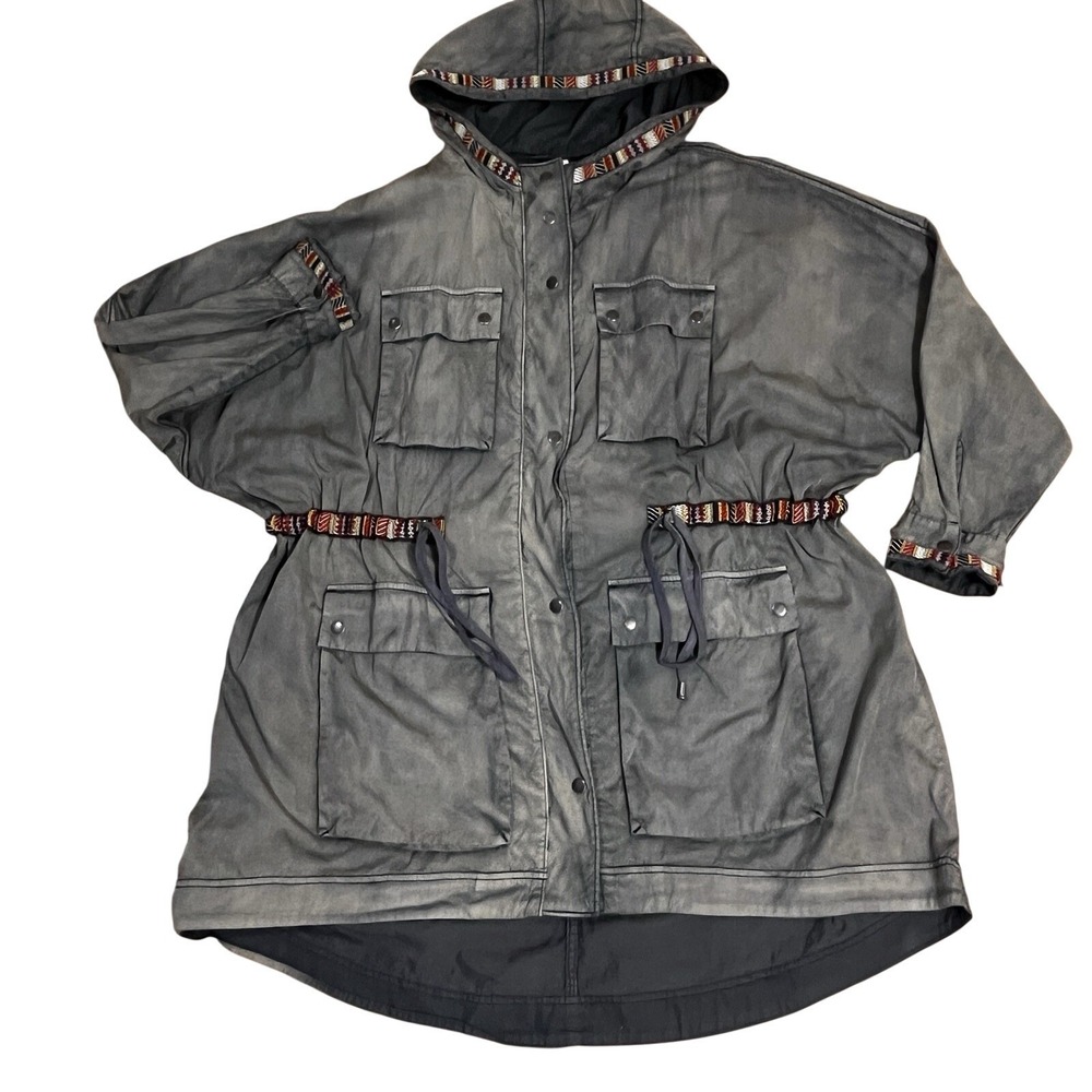 Free People Embroidered Trim Utility Hooded Jacket Distressed Grey XS/S Bohemian